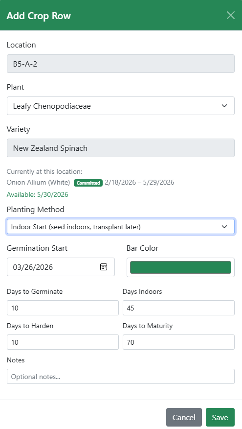 Add Crop Row modal — see availability date, set method and seed start date