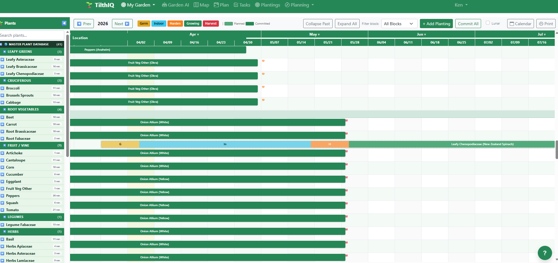 Uncommitted planting visible on the Gantt timeline with lifecycle phases