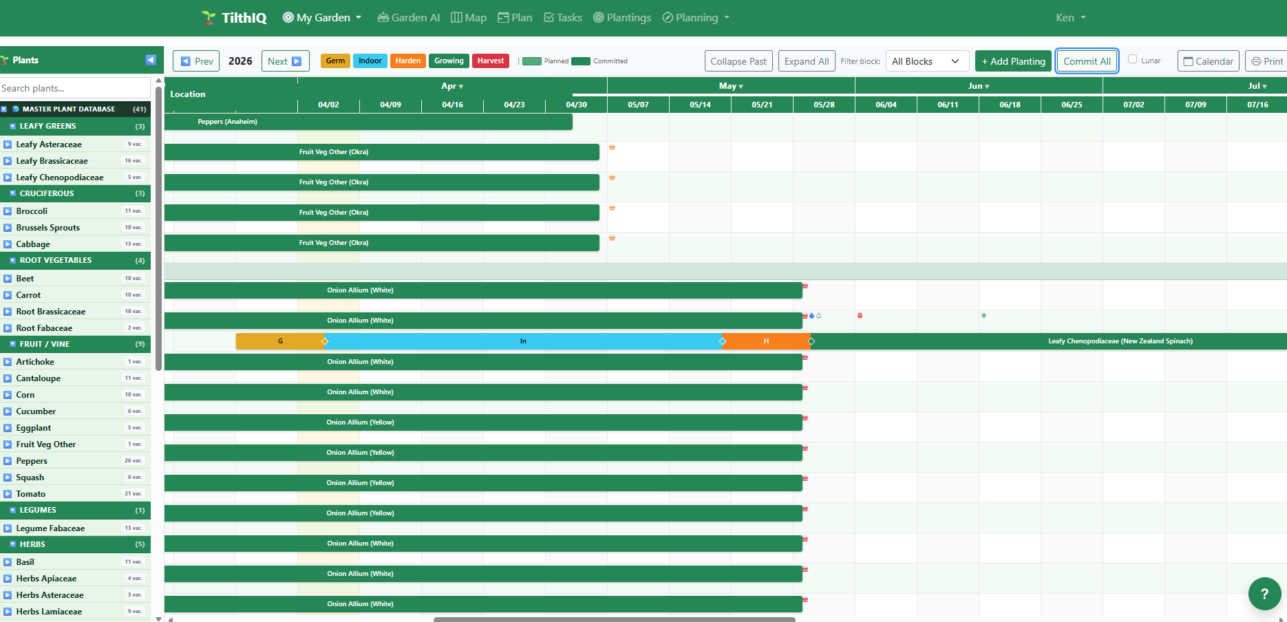 Committed planting on the Gantt with solid lifecycle bars