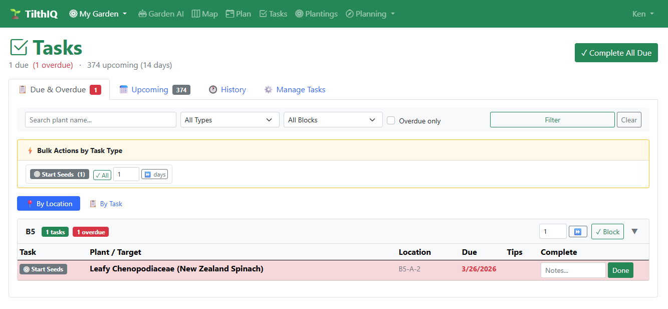 Tasks generated from committed planting — Start Seeds task due on the seed start date