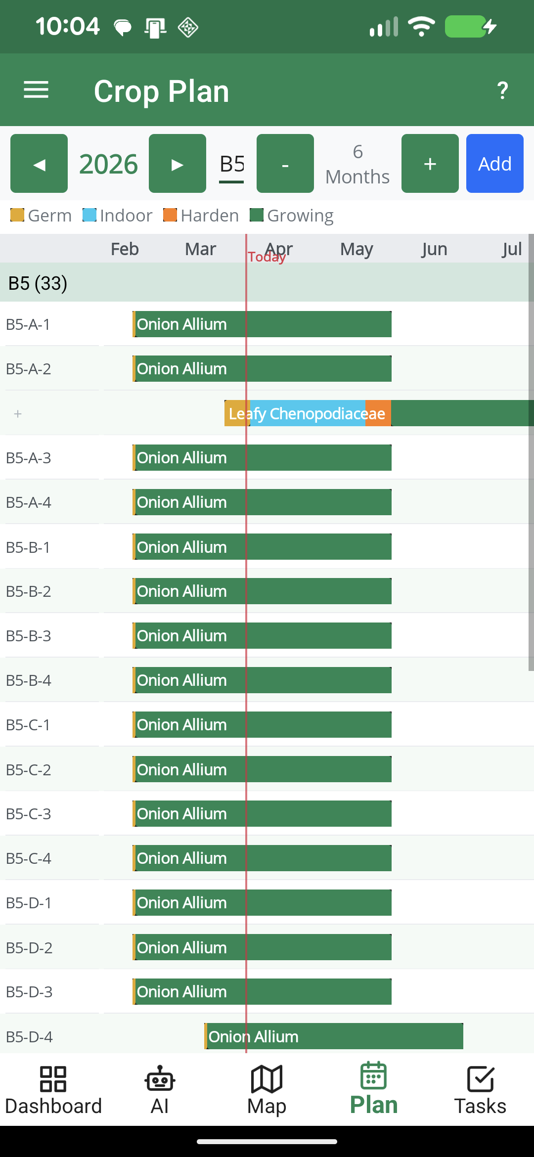 Crop Plan on mobile — full Gantt view with committed plantings