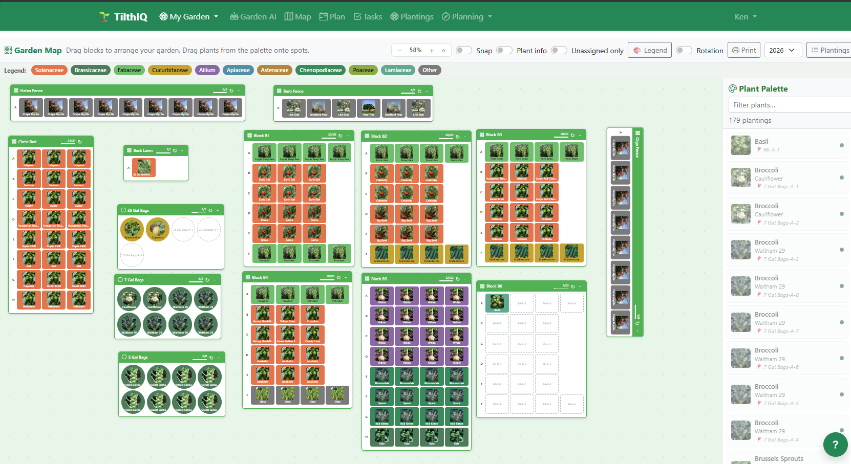 Interactive Garden Map — full web view with rotation overlay, plant palette, and all garden blocks